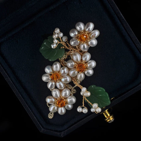 Floral Pearl and Green Leaf Hair Barrette